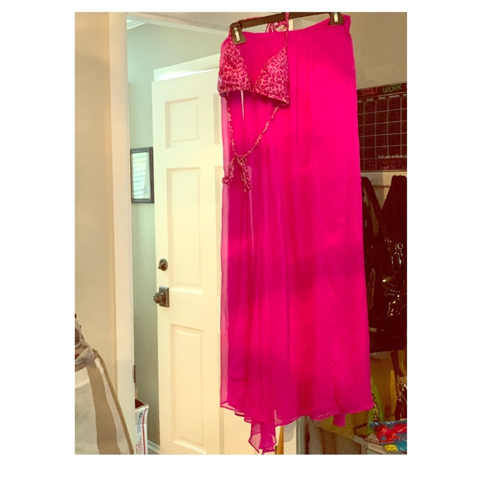 Hot pink skirt and leopard bathing suit top